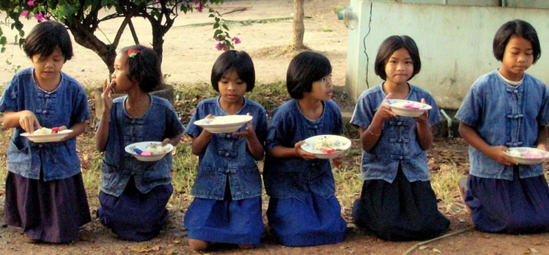 Thailand Girls School Making Offering to Monks 2006